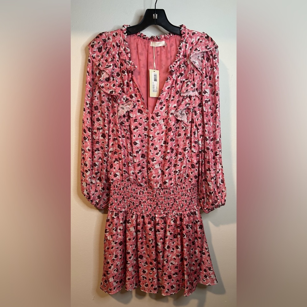 Ramy Brook Pink Floral Long-Sleeve Smocked Waist Mini Dress - Picture 2 of 11